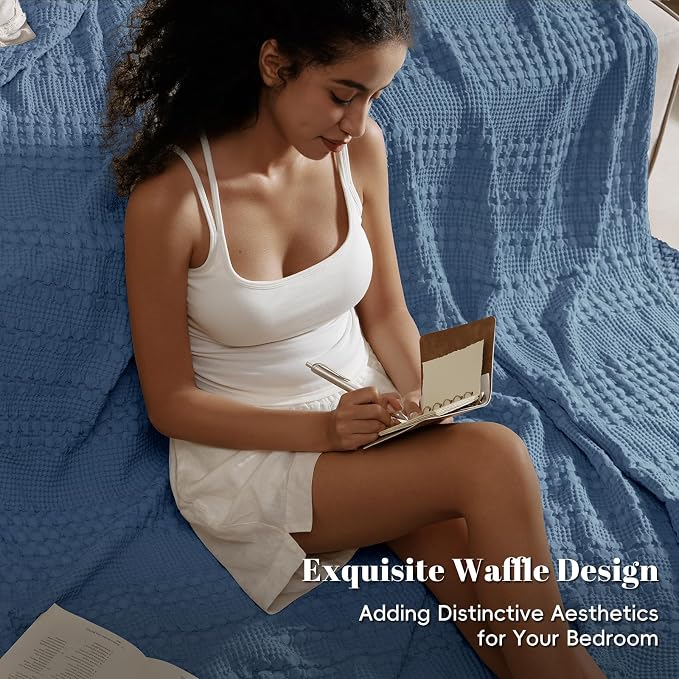 PHF Lightweight 100% Cotton Waffle Blanket for Bed, Twin XL, Denim Blue | Pre-Washed Soft Cotton Comfort, Breathable Layering Warmth for Fall & Winter, Couch & Guest Room, Couch, Home Decor & Gifts