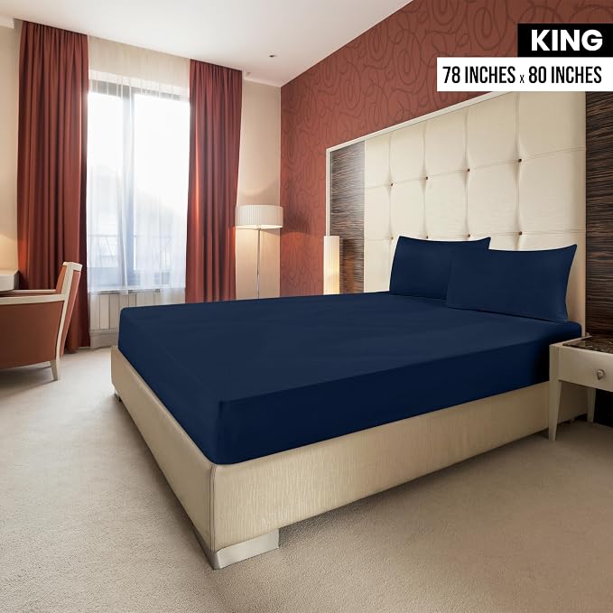 Pack of 2 King Fitted Sheet, Fits Up to 16 Inch Deep Pocket, Navy | Hotel Comfort, Cooling & Breathable Cotton like Polyester, Easy Fit, Wrinkle & Fade Resistant, Snug Fit, Easy Care, Oeko-Tex
