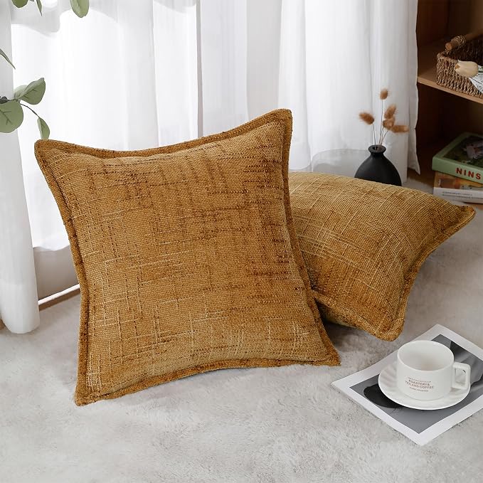 HPUK Chenille Throw Pillow Covers 18x18 Inch, Soft Woven Texture, Set of 2 | Plush woven texture, invisible zipper, couch sofa bed bedroom living room decor, square cushion covers, inserts not included