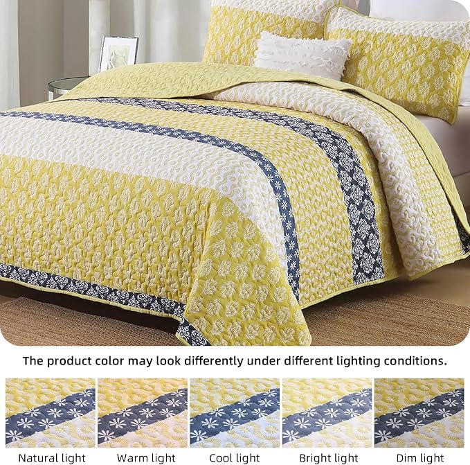 Cottolester King Size Yellow Boho Quilt, Striped Lightweight Bedspread | Soft Microfiber Coverlet,Breathable All-Season,Machine Washable,3-Piece Set,Fits King 110"x90",Cozy Essential for Men Women