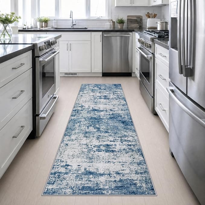 2.6x10 Washable Runner Rug:Modern Abstract Indoor Soft Carpet Blue | For Hallway, Bedroom, Kitchen, Laundry, Bathroom,Door Mat,Modern Abstract,Machine washable,Non-Slip,Stain Resistant,Indoor