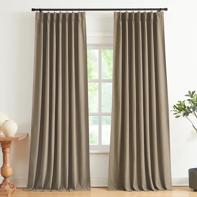 Vision Home Brown Pinch Pleated Full Blackout Curtains Linen Blended Room Darkening Window Curtains 112 inch for Living Room Bedroom Thermal Insulated Pinch Pleat Drapes with Hooks 40" Wx112 Lx2