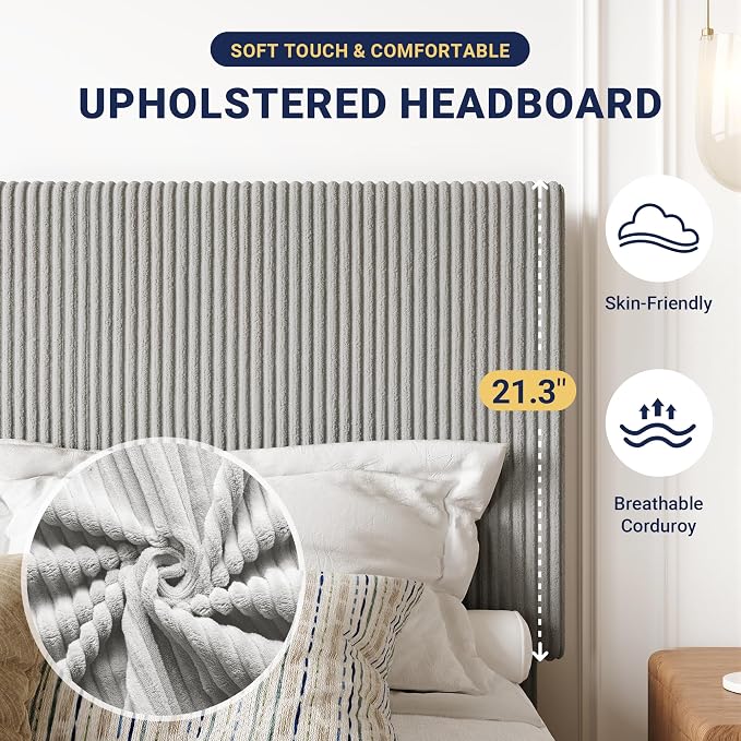 Allewie King Bed Frame, Adjustable Corduroy Headboard, Platform, Grey | Adjustable Headboard, Corduroy Fabric, Low Profile, Wooden Slats, 1000 lb Capacity, No Box Spring Needed