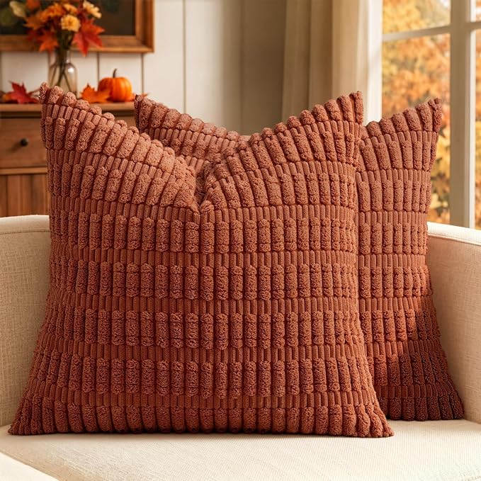 MIULEE Fall Euro Sham Corduroy Decorative Throw Pillow Covers 24x24 Rust | Terracotta Pack of 2 Soft Boho Striped Pillow Covers Modern Farmhouse Autumn Home Decor For Sofa Living Room Couch Bed
