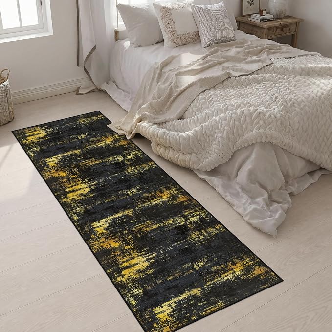 2.6x8 Washable Runner Rug：Modern Abstract Soft Carpet Black Gold | For Hallway, Bedroom, Kitchen, Laundry, Bathroom,Door Mat,Modern Abstract,Machine washable,Non-Slip,Stain Resistant,Indoor