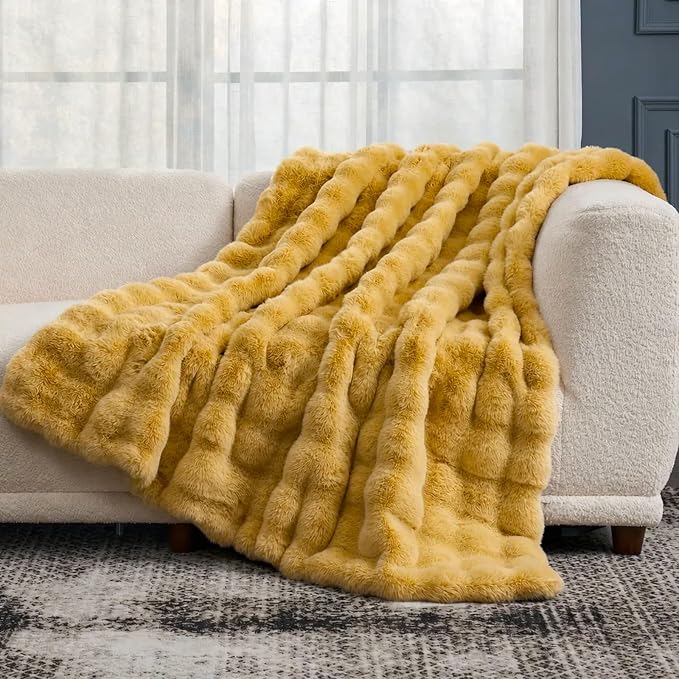 Cozy Bliss Faux Fur Throw Blanket for Couch, Fuzzy Soft Plush Thick Bubble Blanket for Sofa Bedroom Living Room, 60 * 80 Inches Yellow