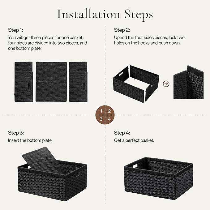 UBBCARE 4 Pack Wicker Basket, 13.4L×8.3H×7.1W inch Woven Paper Rope Storage Baskets for Shelves, Foldable Rectangular Storage Baskets with Handle, Storage Basket for Organizing, Black