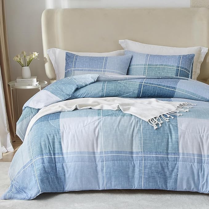 LifeTB Twin XL Comforter Set Blue Checkered Comforter Set for Men Boys Geometric Checkered Plaid Printed Boho Bedding Comforter for All Seasons Fluffy Soft Lightweight Plaid Bedding Set Twin XL
