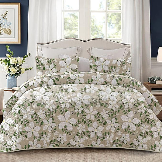 Whale Flotilla California King Size Quilt Set, Soft Floral Leaf Bedspreads | Reversible Lightweight Oversized Quilt Bedding Set for Bed, White Bone Printed Coverlets with 2 Pillow Shams for All Seasons