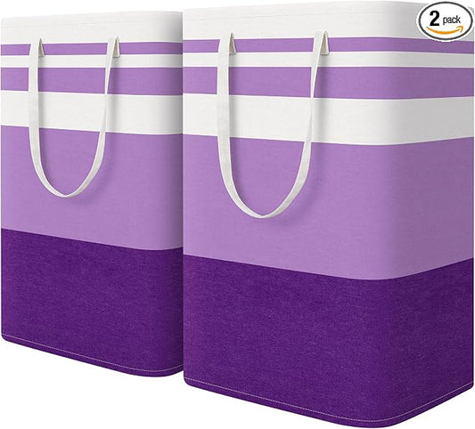 HomeHacks 2 Pack Laundry Baskets, Laundry Hampers Bags (Purple 75Lx2) | Waterproof, Freestanding, Collapsible Clothes Hamper with Reinforced Handles in Laundry Room, Dorm, Bathroom, Bedroom