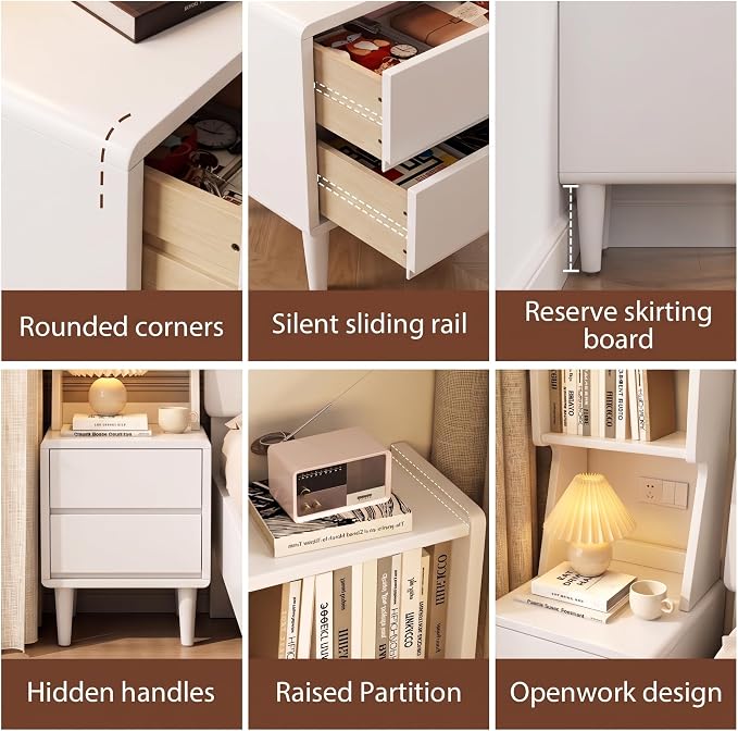 Solid Wood Bookshelf Nightstand Combo, Tall Nightstand with Bookshelf | White Nightstand Bookshelf,Solid Wood Nightstand with Drawers,Open Shelf Bookcase,for Bedroom,Living Room,Offices