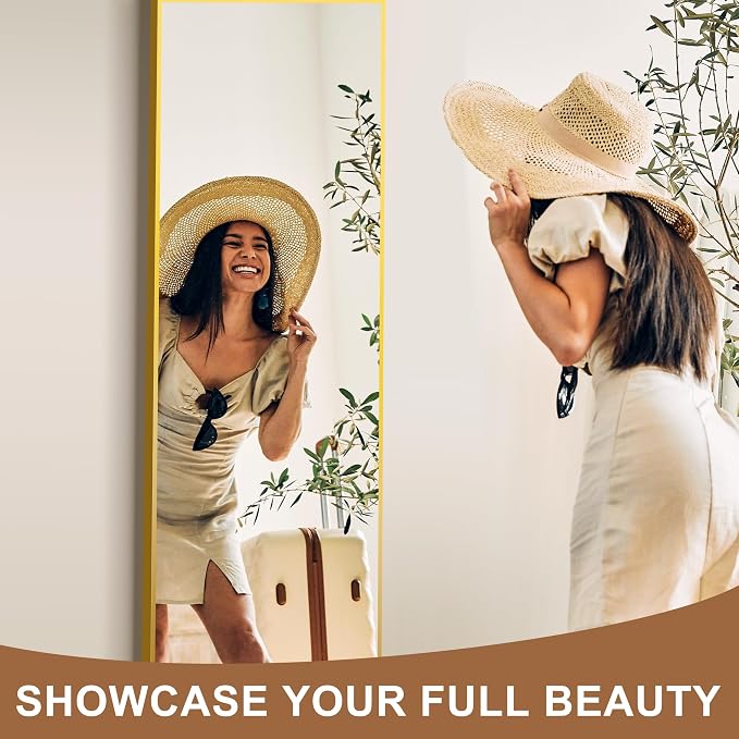 Full Length Mirror with Stand, 56x15 Gold Floor Mirror | Aluminium alloy frame with HD float glass for distortion-free reflection. Free standing or wall mounted.