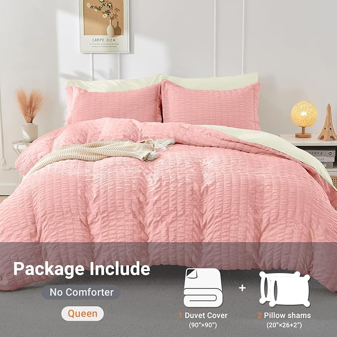 HYMOKEGE Pink/Ivory Duvet Cover Queen Size, Ultra Soft 3-Piece Seersucker Duvet Cover Set with Zipper Closure, Soft Brushed Microfiber Bedding Set with 8 Corner Ties (90"x90", 2 Pillowshams)