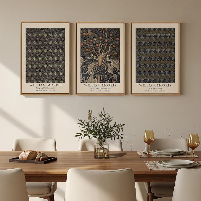 Framed Vintage William Morris Botanical Floral Canvas Wall Art, 3 Piece | Rustic nature, Retro classic, Illustration prints, 30x60 inch, Living room, Bedroom, Dining room, Hallway decor
