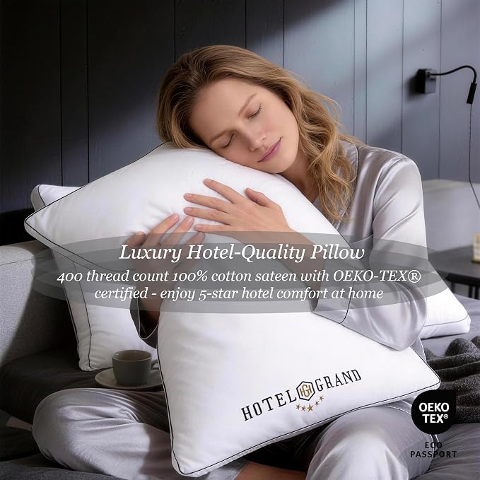 Hotel Grand Queen Pillows Set of 2, Gusseted Firm Support Down Alternative | Hotel Collection Pillows for Side, Back or Stomach Sleepers, 400 Thread Count 100% Cotton Cover, 18x28 Inches