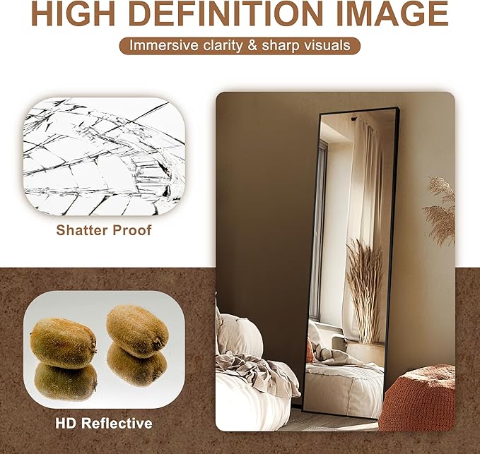 Full Length Mirror with Stand, Black Floor Mirror | Aluminium alloy frame with HD float glass for distortion-free reflection. Free standing or wall mounted.