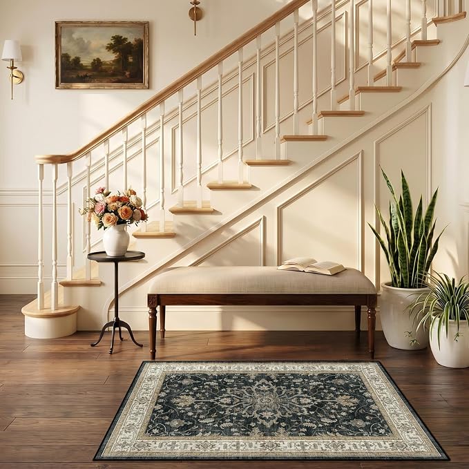 RELEANY Washable Area Rug, Small 2'6"x4', Black/Vintage/Beige | Non-Slip, Water Repellent, Pet Friendly, Easy to Clean, Vintage Floral Boho Decor for Kitchen Entryway Bathroom