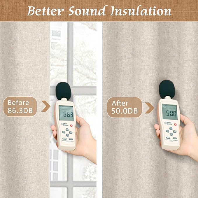 Oatmeal 100% Blackout Linen Curtains 60 Inches with White Liner | Linen Textured, Thermal, Curtains for Bedroom, Living Room, Privacy, Rod Pocket Back Tab Drapes, 2 Panels, 52 x 60 Inch
