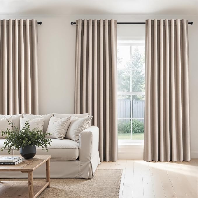 96 inch long blackout window curtains 2 Panels for bedroom 100% Black out Linen texture Curtain Vintage Farmhouse Drapes with Back Tab Rod Pocket Pinch pleated Thermal Insulated Panel for Living Room