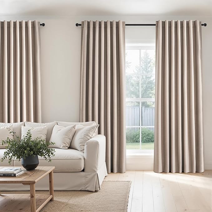 Topfinel 120 Inch Linen Blackout Curtains 2 Panels for Bedroom Living Room Back Tab Room Darkening Thermal Insulated 100% Black Out Linen Drapes Large Window Curtains Beige Natural