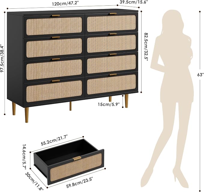 GarveeHome Rattan 8 Drawer Dressers for Bedroom, Deep Drawer, Black | Tall Dresser, Wide Top, for Living Room, Hallway, Kids Room, Large Chest of Drawers for Closet, Long Wooden Dresser