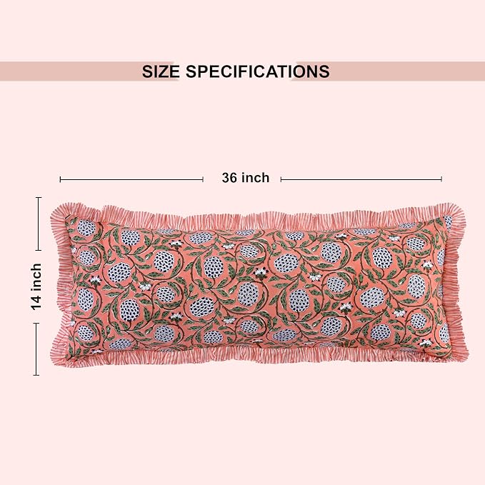 Ridhi Block Print Dark Salmon Pink Ruffle Lumbar Pillow Shams, 36" x 14" | 100% cotton, Floral Pillowcase, Cushion Cover, Hidden Zipper, Cottagecore Bedding, farmhouse boho style, fits couch, sofa,Bed