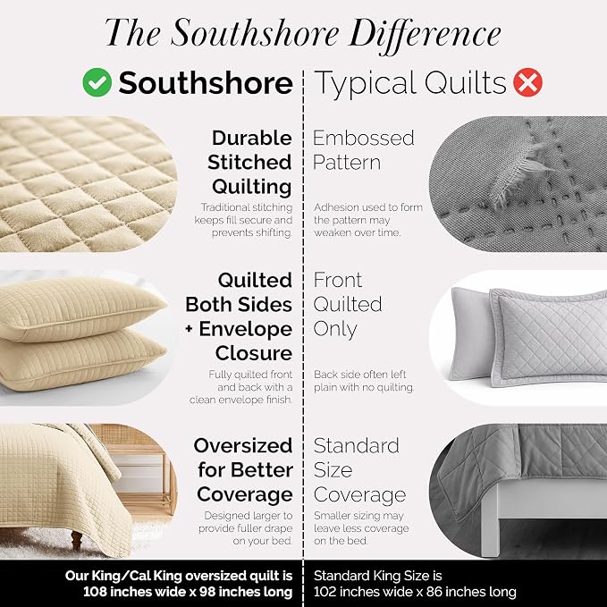 Southshore Fine Living, Inc. Oversized King Quilt Bedding Set, Hotel Quilts, Easy Care Pet Hair Resistant Bedding Sets, California King Size Coverlet Bedspread Set, Beige Quilt w/2 Shams, Soft Sand