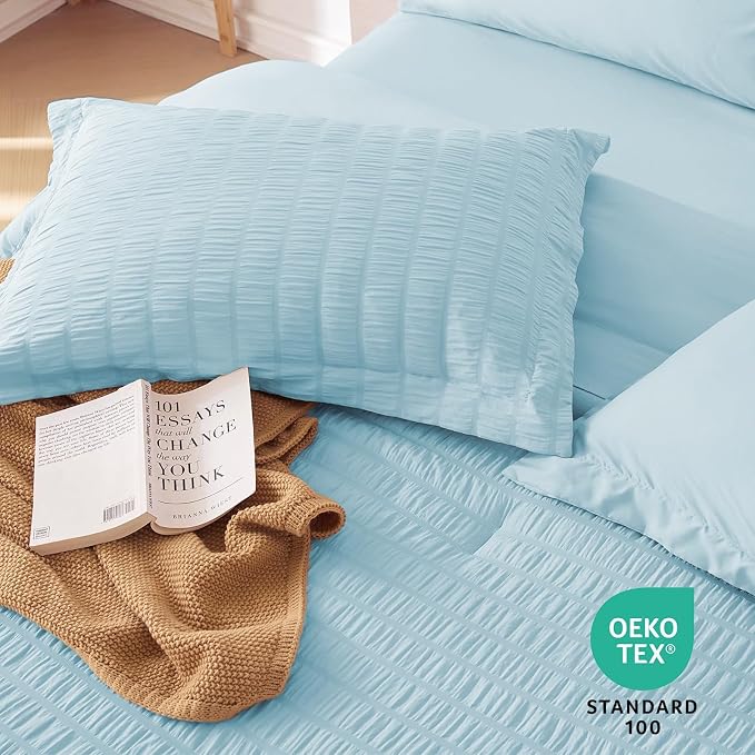 7 Pieces King Comforter Set, Seersucker Bed in a Bag King Size, All Season Luxury Bedding Set with Comforter, Flat Sheet, Fitted Sheet, Pillowcases & Shams, Lake Blue