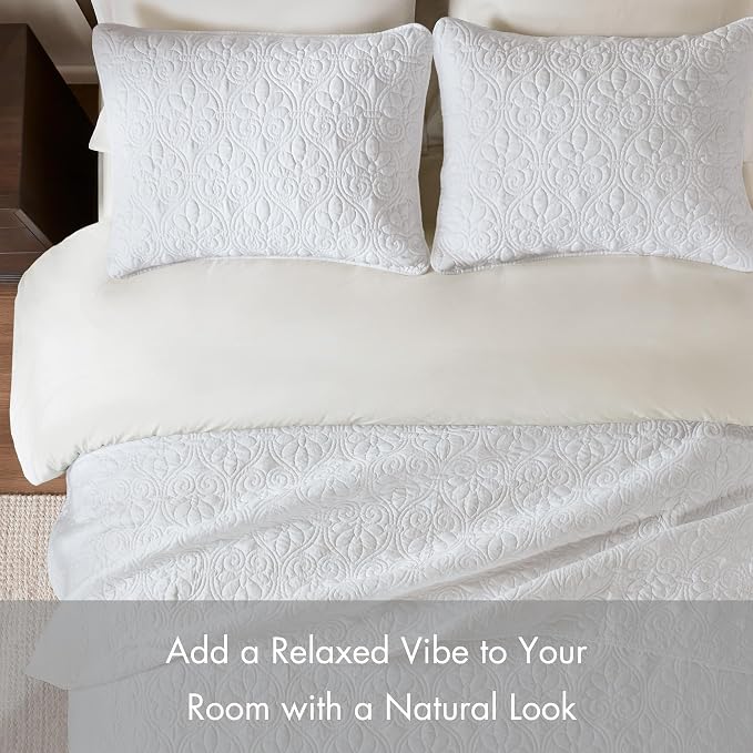 Madison Park Luxurious Cotton Damask Quilt Set, 2PC Twin/Twin XL Bed Set | All Season, Lightweight Stitching Coverlet Bedspread Bedding Stitching with Shams, White