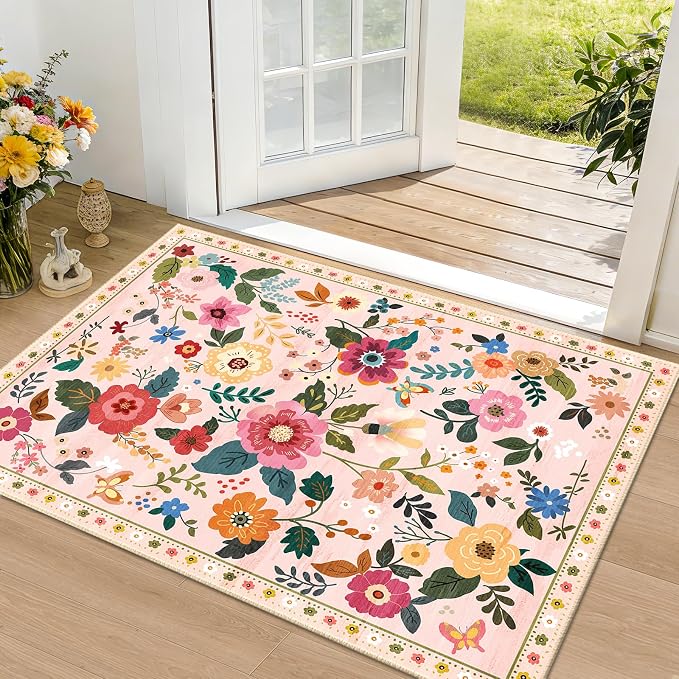 RELEANY Floral Washable 2x3 Area Rugs Doormat Pink | Flower Carpet, Print, Boho, Non-Slip, Easy to Clean, Soft, Low Pile for Living Room Bedroom Kitchen Office Entryway Hallway