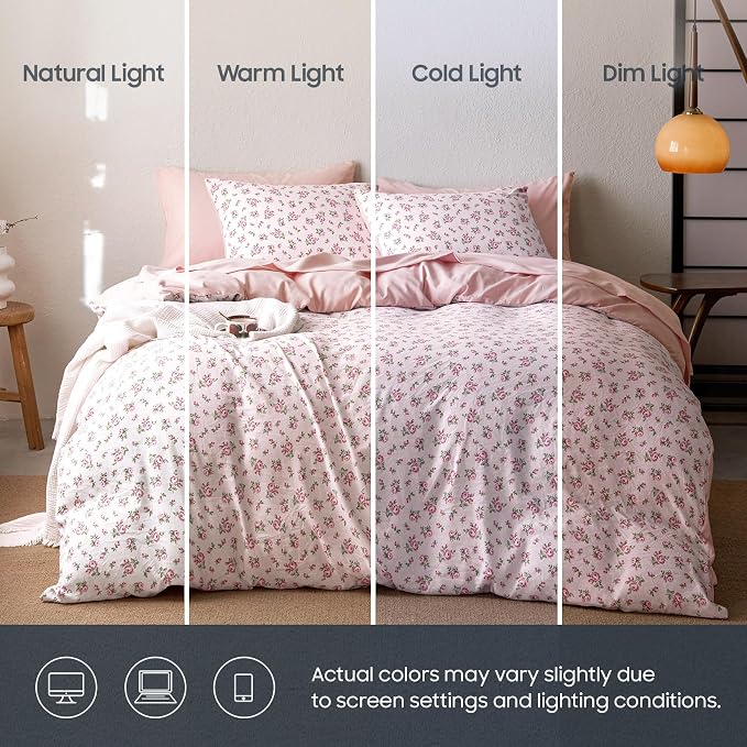 Wake In Cloud - Floral Comforter Set, Coquette Cottagecore Aesthetic Flower Shabby Chic Pattern for Women Teen Girls, Soft Lightweight Bedding, 3 Pieces, Pink, King Size