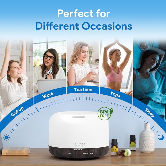 ASAKUKI Essential Oil Diffuser for Home, 500ML Aromatherapy Humidifier | with Remote Control, 7 Color LED Lights, Quiet Cool Mist Diffuser for Bedroom, Living Room, Office (Dark Brown)