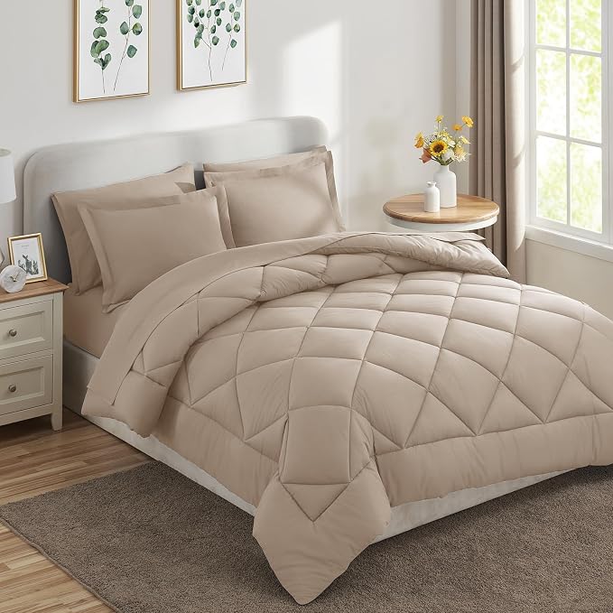 Full Size Comforter Sets Wheat - 7 Pieces Complete Bedding Set | OEKO-TEX Certified, All Season, 240GSM Down-Alternative Comforter, Sheets, Pillowcases & Shams, 14" Deep Pocket, Easy Care