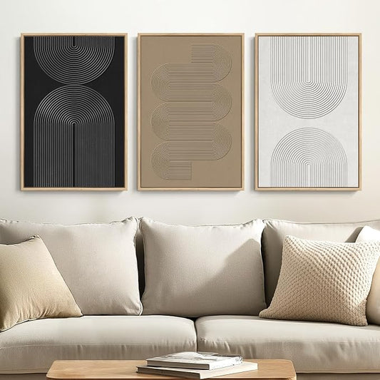 Framed Black and White Neutral Abstract Wall Art set, 3 Piece Cnavas Prints | Black White Brown Paintings, Modern Artwork for Walls, Minimalist Pictures, Living Room Bedroom Office Wall Decor 16x24 Inch