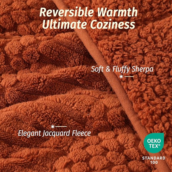 Sherpa Fleece Weighted Blanket for Adults, Orange 60" x 80" 15 lbs | Queen Size Bed, Super Soft Fuzzy Heavy Throw Blankets for Better Sleep and Relaxation, Jacquard Knitted, Chunky Warm Fluffy