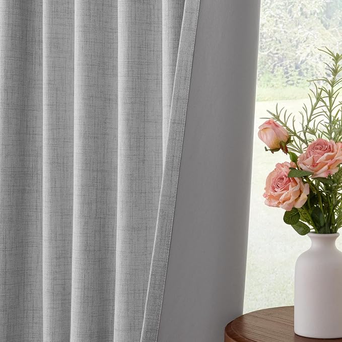 INOVADAY 100% Blackout Curtains for Bedroom Black Out Curtain 102 Inch Long | Grey Curtains for Living Room 2 Panels, Clip Rings Linen Look Blackout Drapes, Thermal Insulated Room Darkening,W50xL102