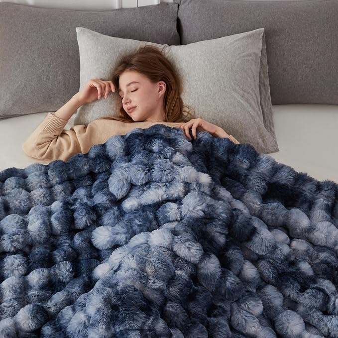 COOVA Faux Fur Throw Blanket for Couch, Cozy Soft and Fuzzy Plush Rabbit Fur Bubble Blanket for Sofa Bedroom Living Room, 60x80 Inches Tie Dye Light Blue