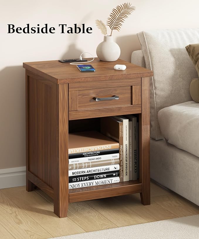 Decofy Farmhouse Nightstand with Charging Station & Large Storage, Modern End Tables with Outlets, USB Ports and Type-C Ports, Easy Assembly for Bedroom (Walnut)