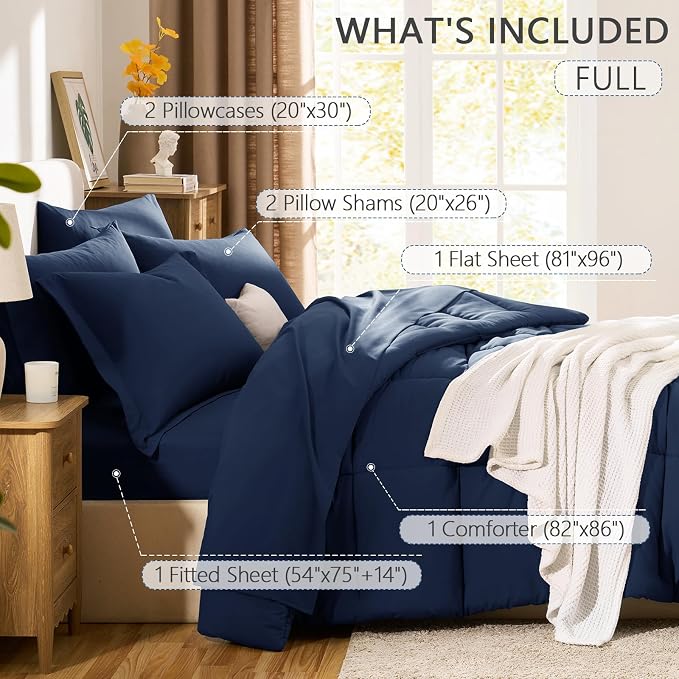 Full Size Comforter Sets, 7-Piece Bed in a Bag, Navy Blue | OEKO-TEX Certified, Box-Stitched Design, 240 GSM Down Alternative Fill, All-Season Comfort, Sheets, Pillowcases & Shams