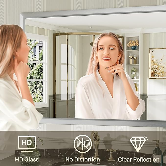 Bathroom Wall Mirror, Silver Brushed Nickel Metal Frame, 55x36 Inch | Anti-rust, HD tempered glass, for bathroom vanity, bedroom, living room, horizontal or vertical mount