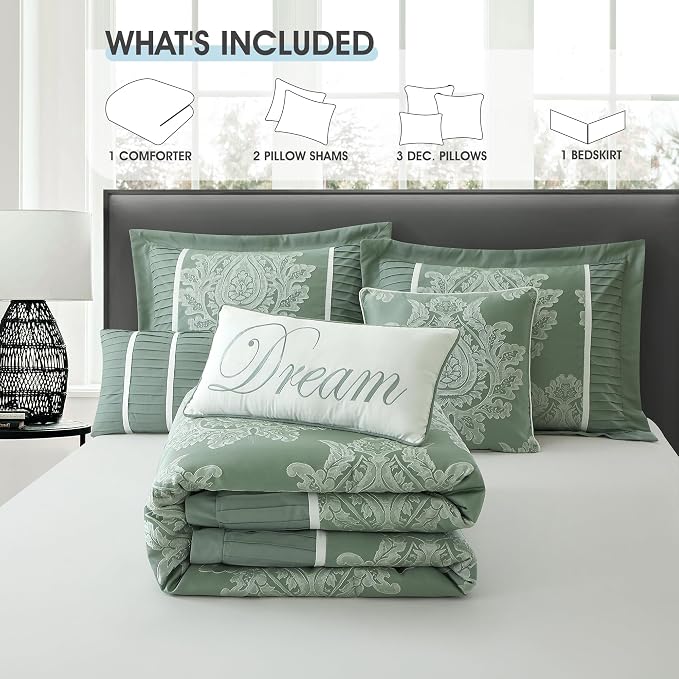 Sage California King Comforter Set 7 Pieces, Jacquard Woven with Damask, Bedding Set in a Bag Includes Comforter, Bed Skirt, Pillow Shams, and Decorative Pillows