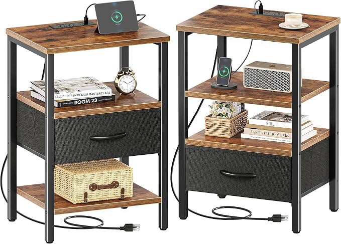SUPERJARE Nightstand Set of 2 with Charging Station, USB-C Port, End Tables | Night Stand for Bedroom, with Adjustable Fabric Drawer, 3-Tier Storage Bedside Tables for Living Room, Rustic Brown & Black