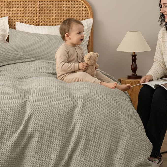David's Home Textured Waffle Weave Duvet Cover Set, Queen Size, Taupe | Breathable Cozy for All Season, 300GSM, 3PCS Home Bedding Decor, OEKO-TEX Certified, Hidden Zipper, 8 Corner Ties, 90" X 90"