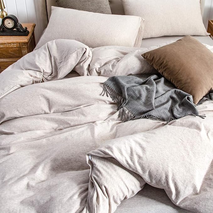 PURE ERA Jersey Knit Duvet Cover Set 100% T-Shirt Cotton Super Soft Comfy 3pc Bedding Set with Zipper Closure (Heather Beige, Queen) | 100% Cotton, 3 Piece Set, T Shirt Soft, Breathable, Envelope Closure Pillowcases, Hidden Zipper, 8 Ties, No Insert, M...