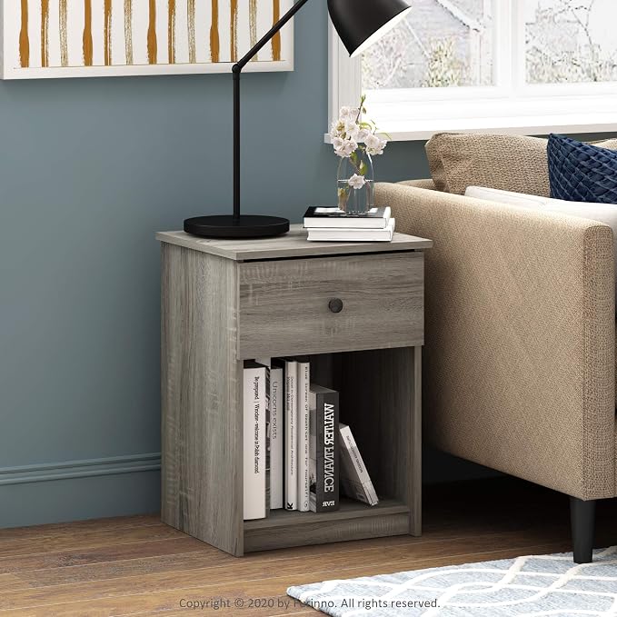 Furinno TIDUR Set of 2 Night Stand with Drawer, French Oak | Knob Handle Drawer, Modern Nightstand with Storage Shelf, Bedside Table, End Table, Side Table, for Bedroom, Closet, Dorm