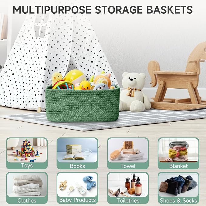 3 Pack Small Storage Baskets for Organizing, 11.8×7.8×5.1", Green | Woven Baskets for shelves, Cotton Rope Basket for Gifts Empty, Closet Organizer Bins with Handles, Cube Decorative Box