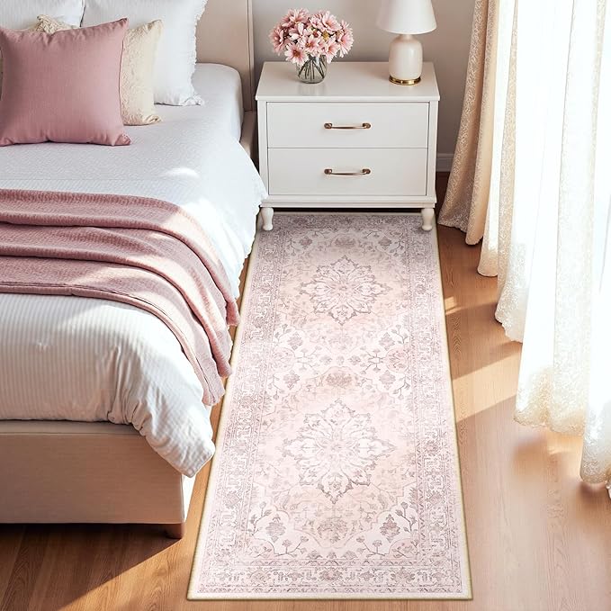 RELEANY Washable Area Rug, Runner 2'x6', Pink | Non-Slip, Water Repellent, Pet Friendly, Easy to Clean, Vintage Floral Boho Decor for Kitchen Entry Bedroom Bedside Laundry