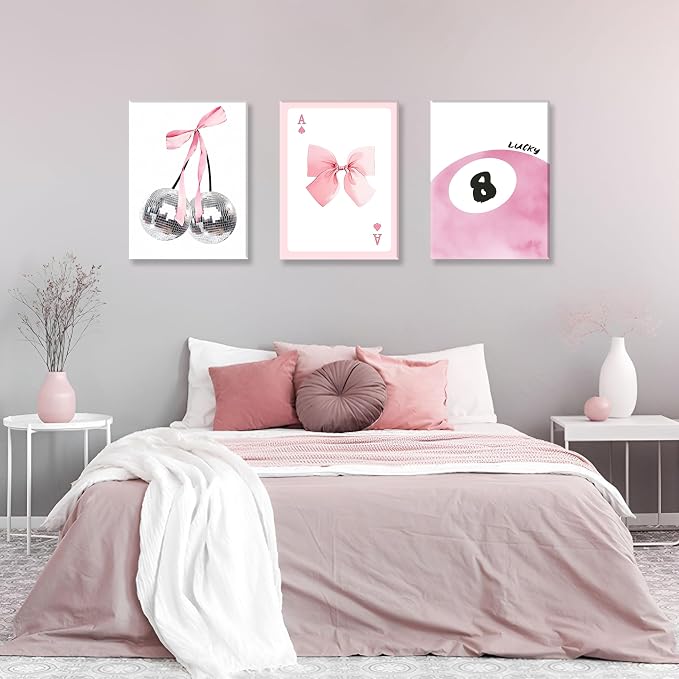 Framed Pink Canvas Wall Decor Set of 3, Pink Bow Wall Art Oil Painting, Girls Preppy Room Decor Picture, Trendy Disco Ball Print Poster for Teen Girl Apartment Bedroom Living Room Aesthetic 16x24 Inch