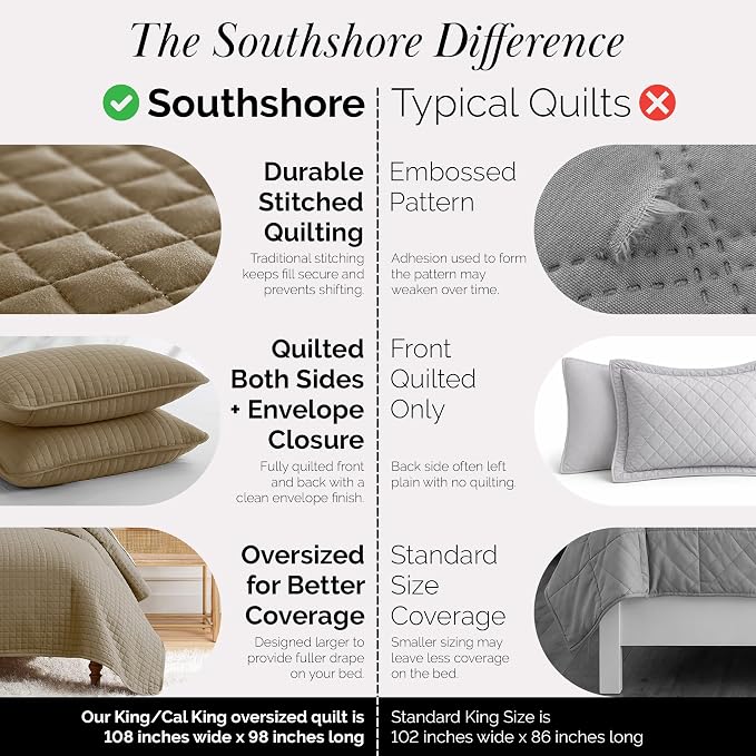 Southshore Fine Living, Inc. Oversized King Quilt Bedding Set, Taupe Quilt California King Size Bedspread with 2 Matching Pillow Shams, Microfiber Quilts, Soft & Cozy Bedding Coverlet, Taupe Quilts