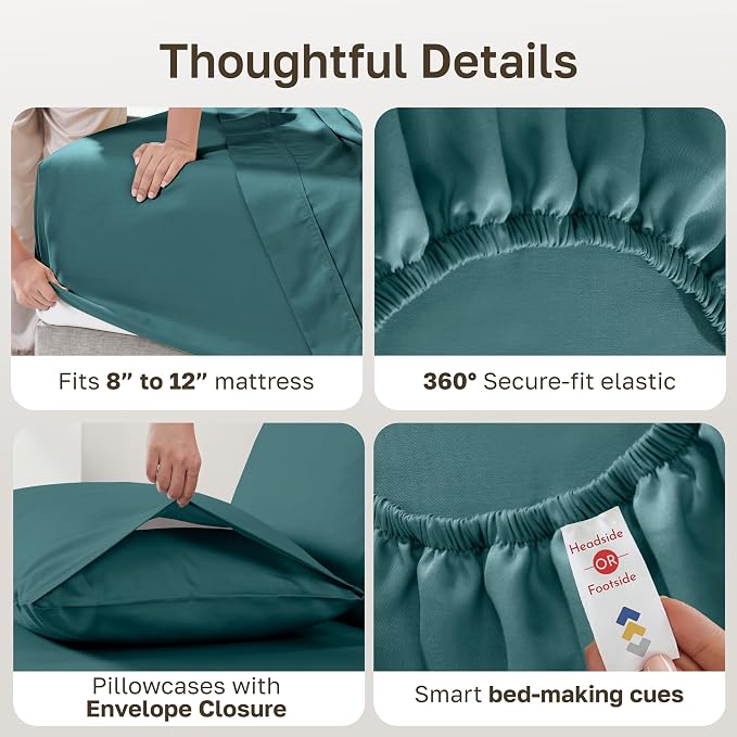 Soft Natural 100% Cotton Sateen Full Size Sheets, 4 Pc Set, Teal | Backed by Good Housekeeping Seal, Light & Breathable For Hot Sleepers, 14" Deep Pocket, All-Around Elastic, Durable